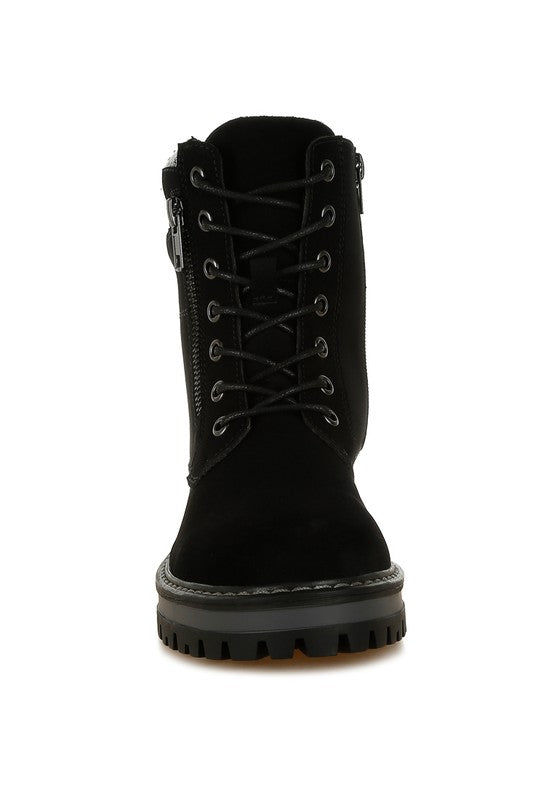 Front view of Black Mahisha Hiker Boots highlighting lace-up front and savvy zipper detail.