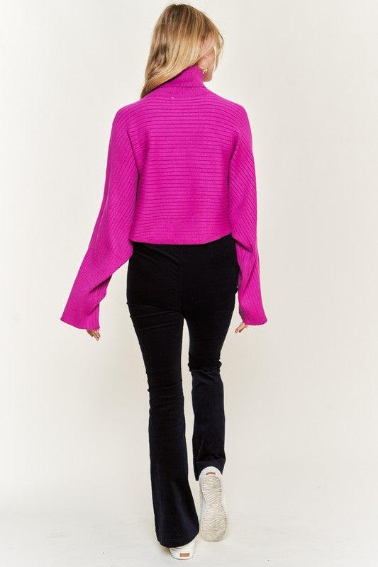 Giada Plus Size Mock Neck Wide Sleeves Sweater in fuchsia, ribbed knit with rounded hem and wide sleeves.
