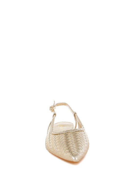 Front view of Kurina gold slingback sandal featuring pointed closed toe and intricate woven faux leather upper