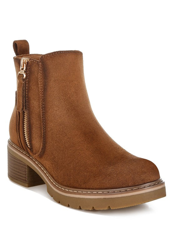 Front angle of Brown Tigris Microfiber Zipper Boots with tassel zipper detail and block heel.