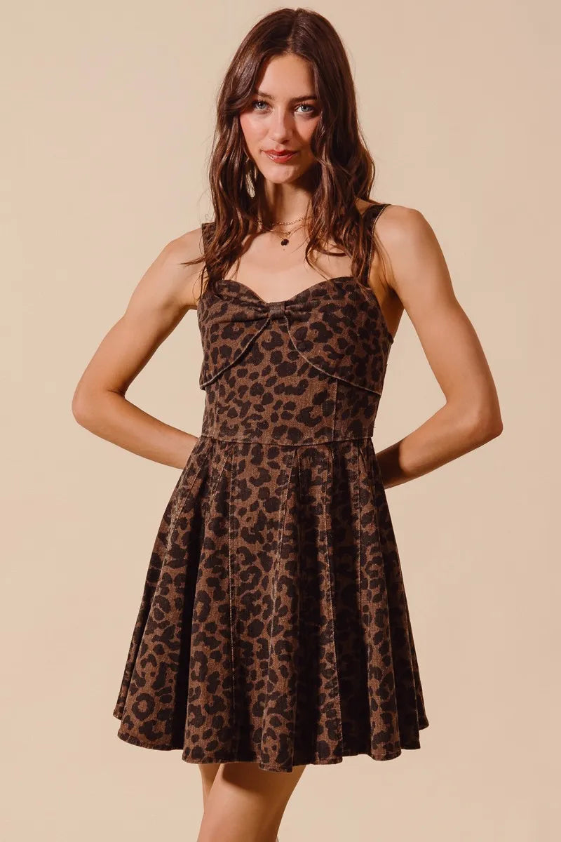 Roxanne Leopard Flare Cami Dress with fitted bodice, adjustable straps, and flowing A-line skirt.