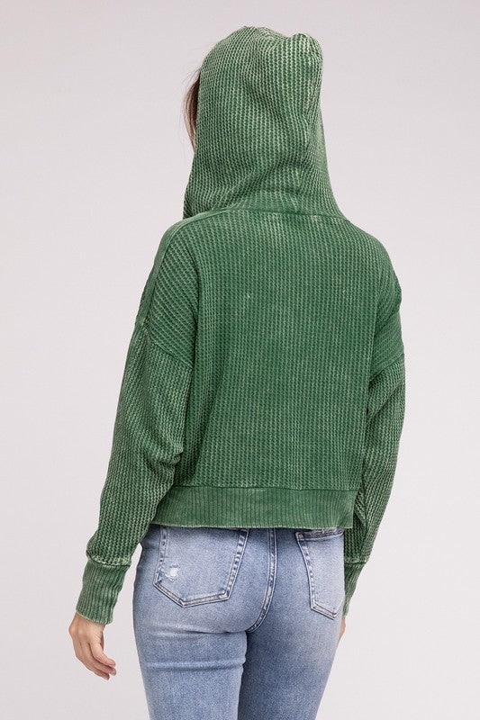Back view of Dark Green Hanna Acid Wash Hooded Jacket with hood and hemline.