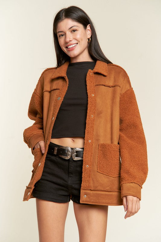 Front view of Galina Curvy Plus Faux Suede Jacket in camel with sherpa trim.