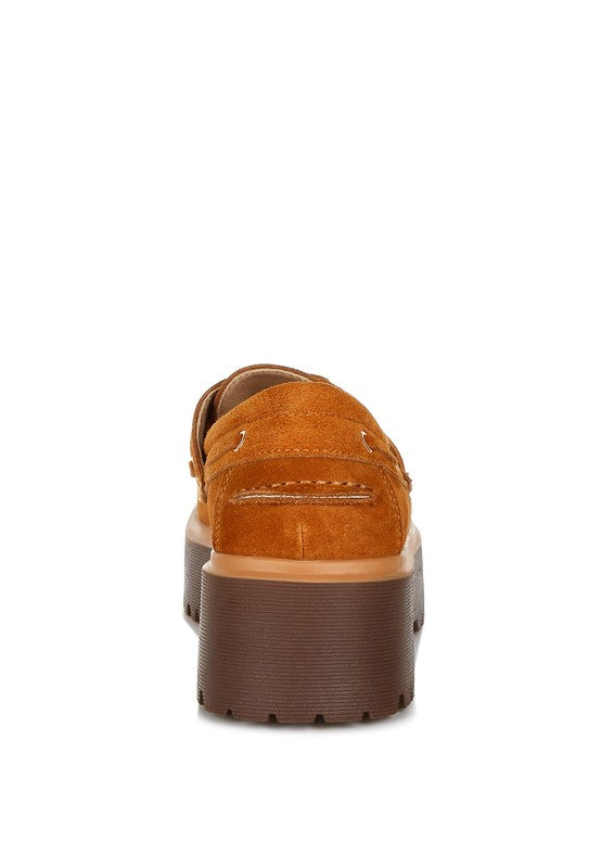Cuckatoos Tan Oxford Loafers back angle, suede leather with lug outsole.