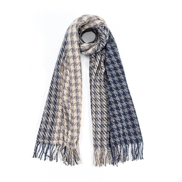 Sofiya Houndstooth Scarf in blue two-tone design, displayed to show wide length and soft fabric texture.