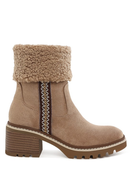 Side view of Beige Woolly Faux Fur Embroidered Boots with embroidered detail and faux fur collar.