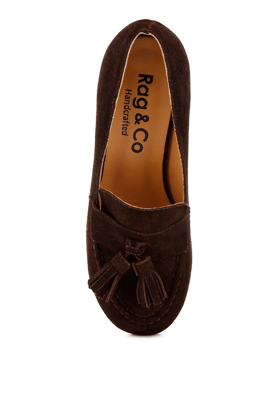 Top view of Brown Ziva Suede Loafer Heels with round toe, tassel detail, and slip-on style.