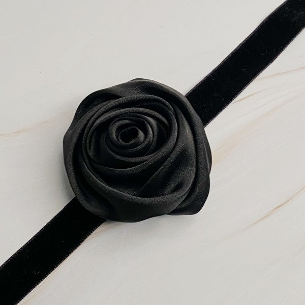 Black Satin Rose Velvet Sash Necklace displayed in flat lay