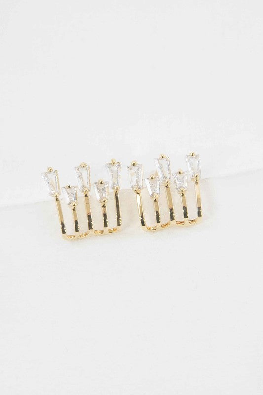 Kalimba Gold Baguette Post Earrings showing sleek gold finish and sparkling baguette stones.