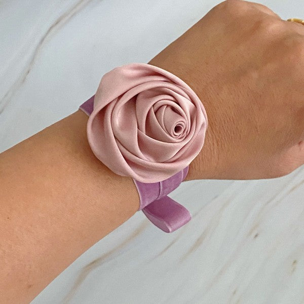 Pink Satin Rose Velvet Sash Necklace wrapped around wrist as bracelet
