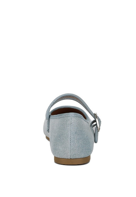 Iker Denim Ballerinas - Pin Buckle, Cushioned Insole, Flat Heel