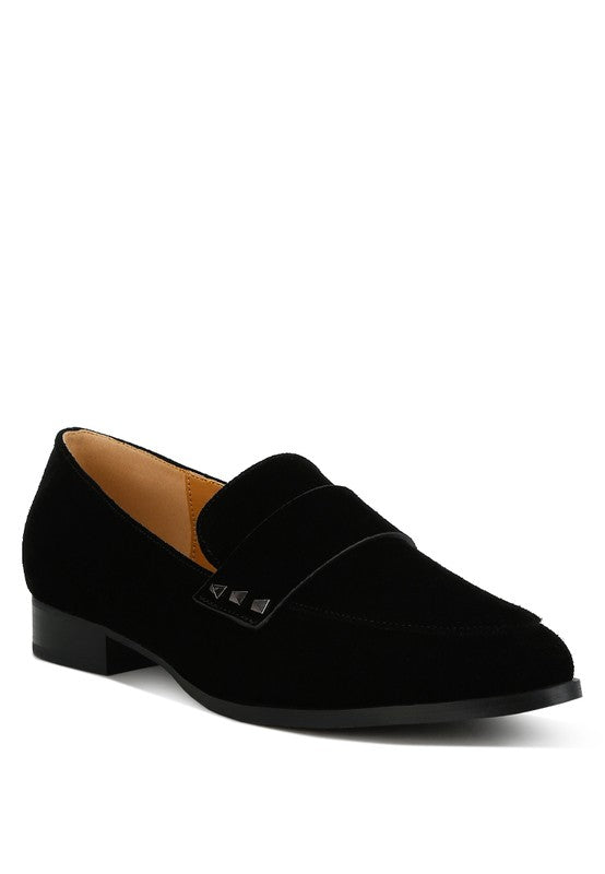 Black Durance Suede Loafers with stud detail and almond toe, front angle view