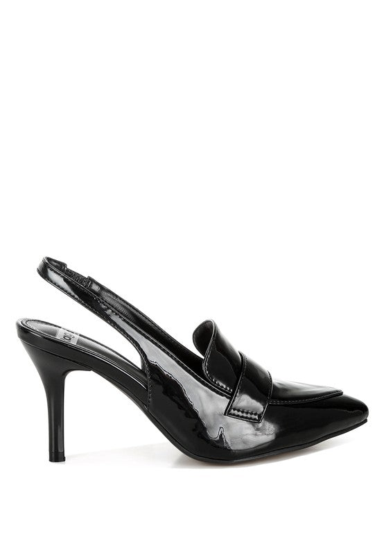 Side view of Black Voisin Slingback Loafer Heels with slingback strap and stiletto heel.