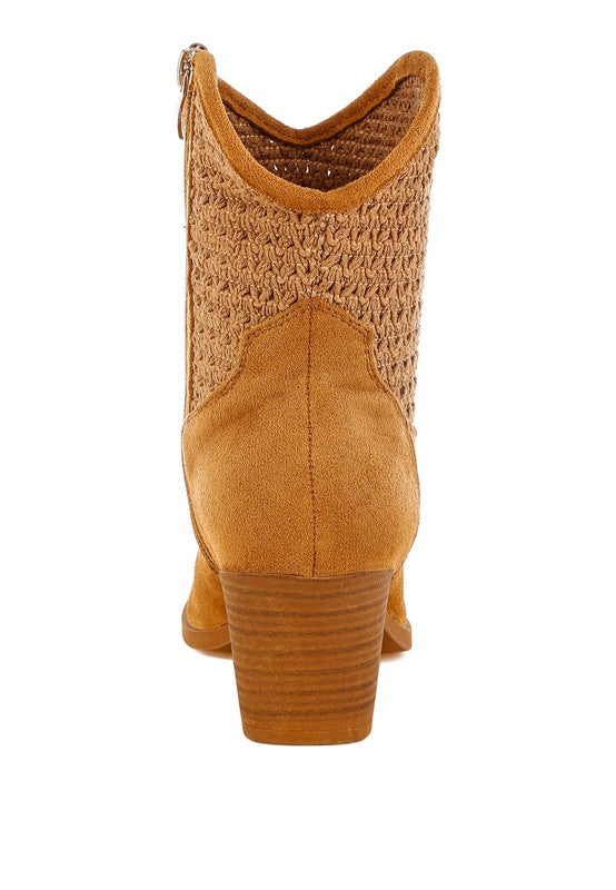 Tan Bimmy Woven Western Boots back view showing heel shape and panel details.
