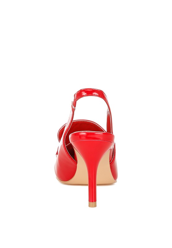 Back view of Red Voisin Slingback Loafer Heels showing slingback fastening and stiletto heel.