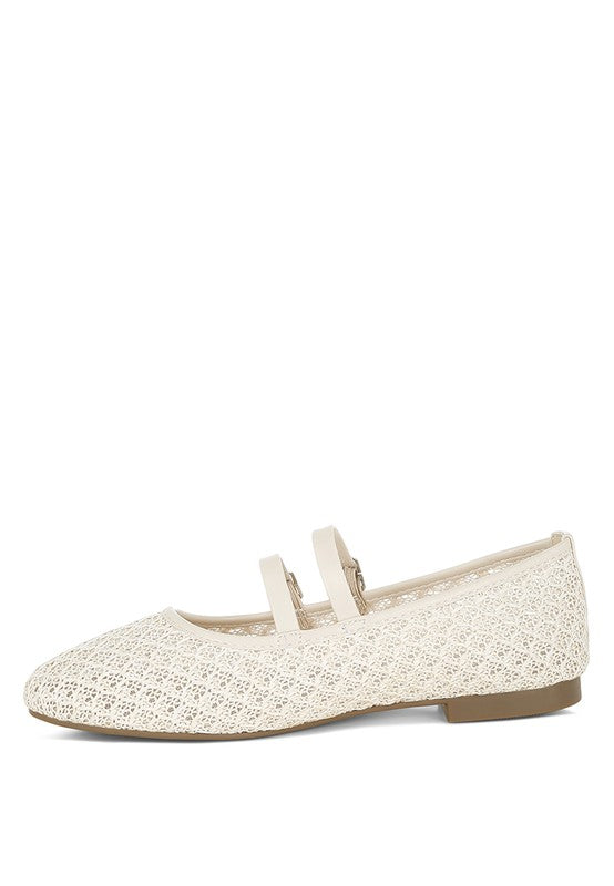 Side view of Warena Ballerinas in beige, showing buckle straps and textured finish
