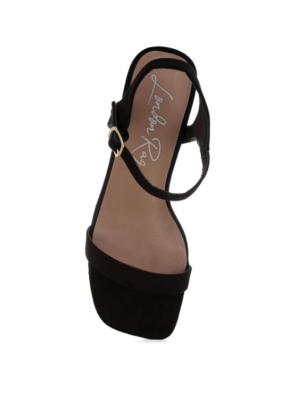 Top view of black Akiya Square Toe Block Sandals showing cushioned insole