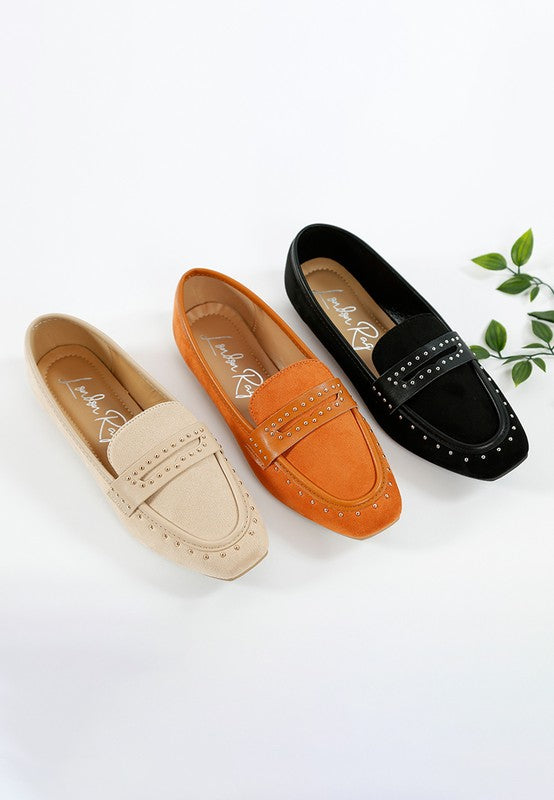 Tan, Beige, and Black Lumina Penny Strap Studded Loafers displayed side by side.