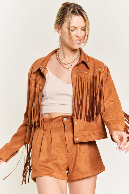 Oakley Plus Size Suede Fringe Jacket camel front view with soft faux suede fabric