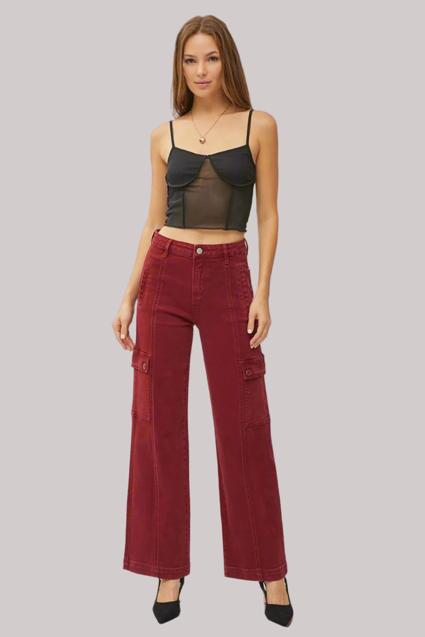 Full body view of Rafaela wide leg cargo jeans in wine featuring high rise fit and slight stretch denim.