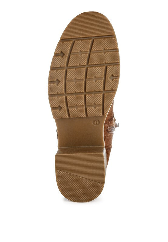 Bottom view of Brown Tigris Microfiber Zipper Boots showing durable TPR sole and block heel.