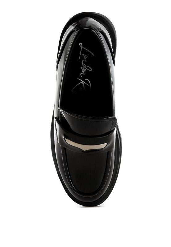 Top view of Black Gleam Stride Chunky Loafers showing round toe, penny strap, and slip-on style.