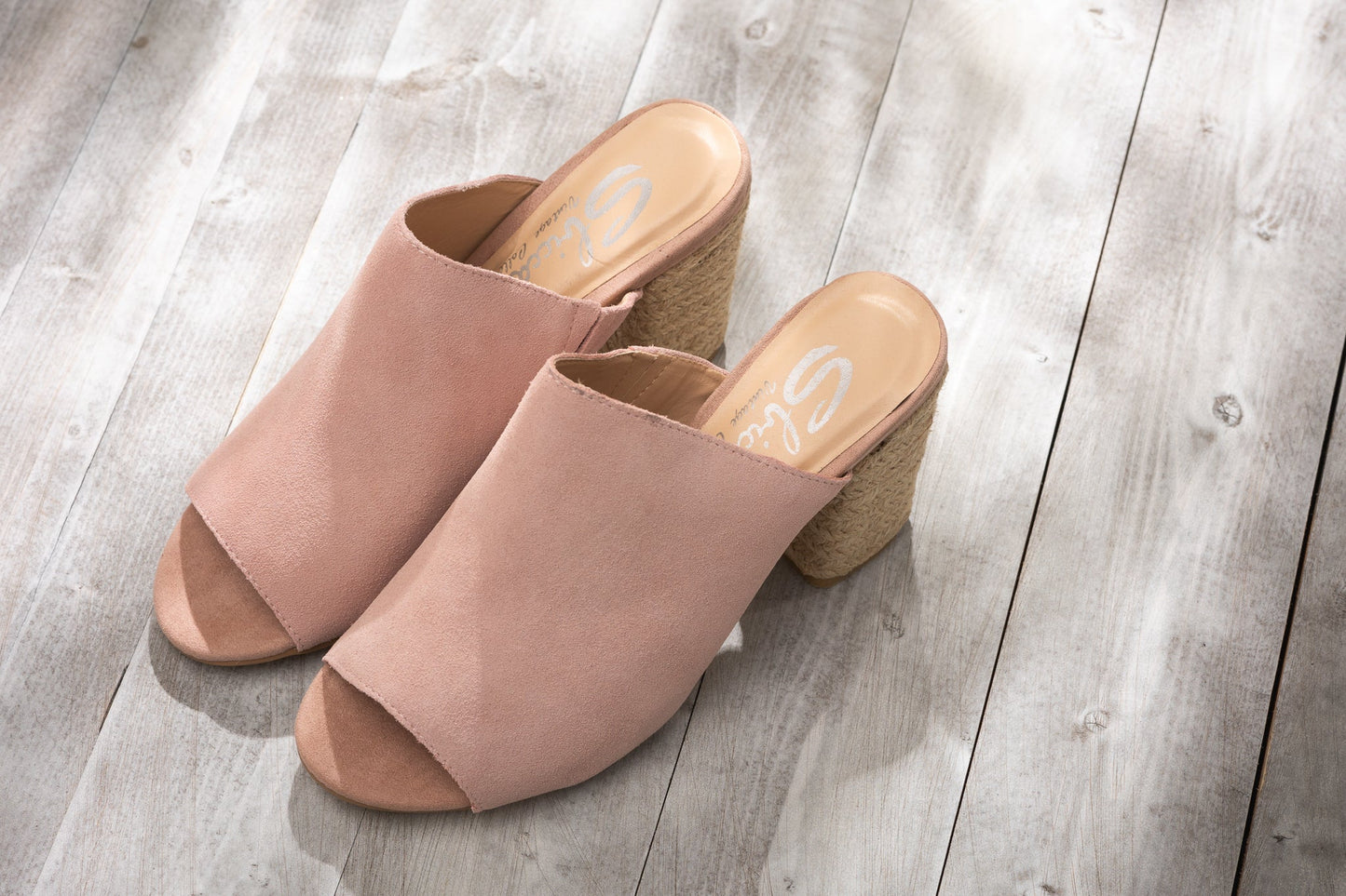 Helena Blush Suede Sandals showing blush suede straps and raffia heel from angled overhead view