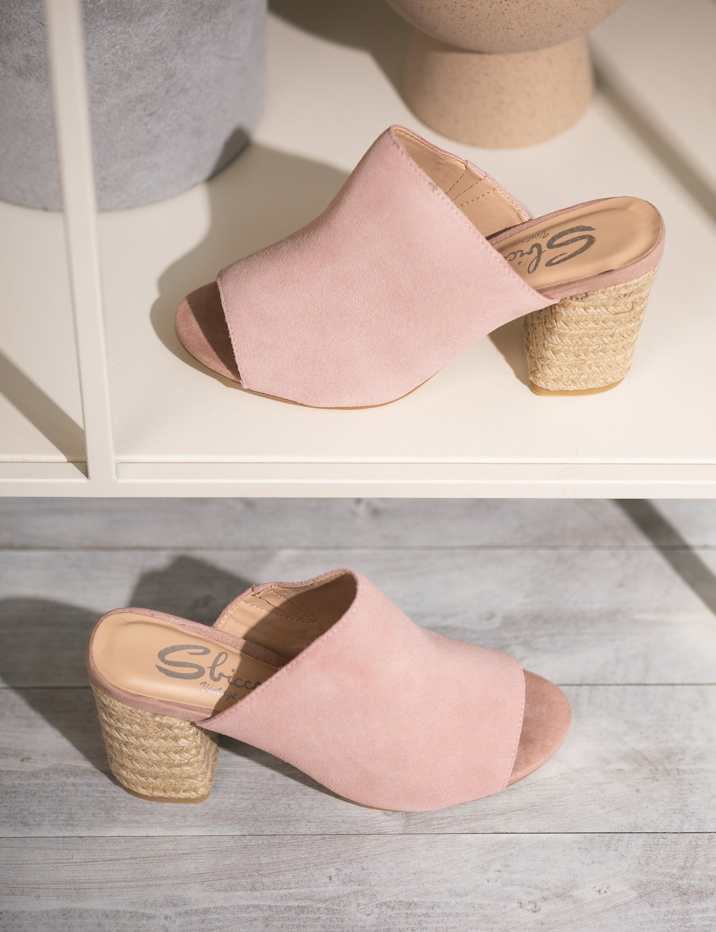 Helena Blush Suede Sandals with genuine suede upper and raffia-covered 3" block heel on display