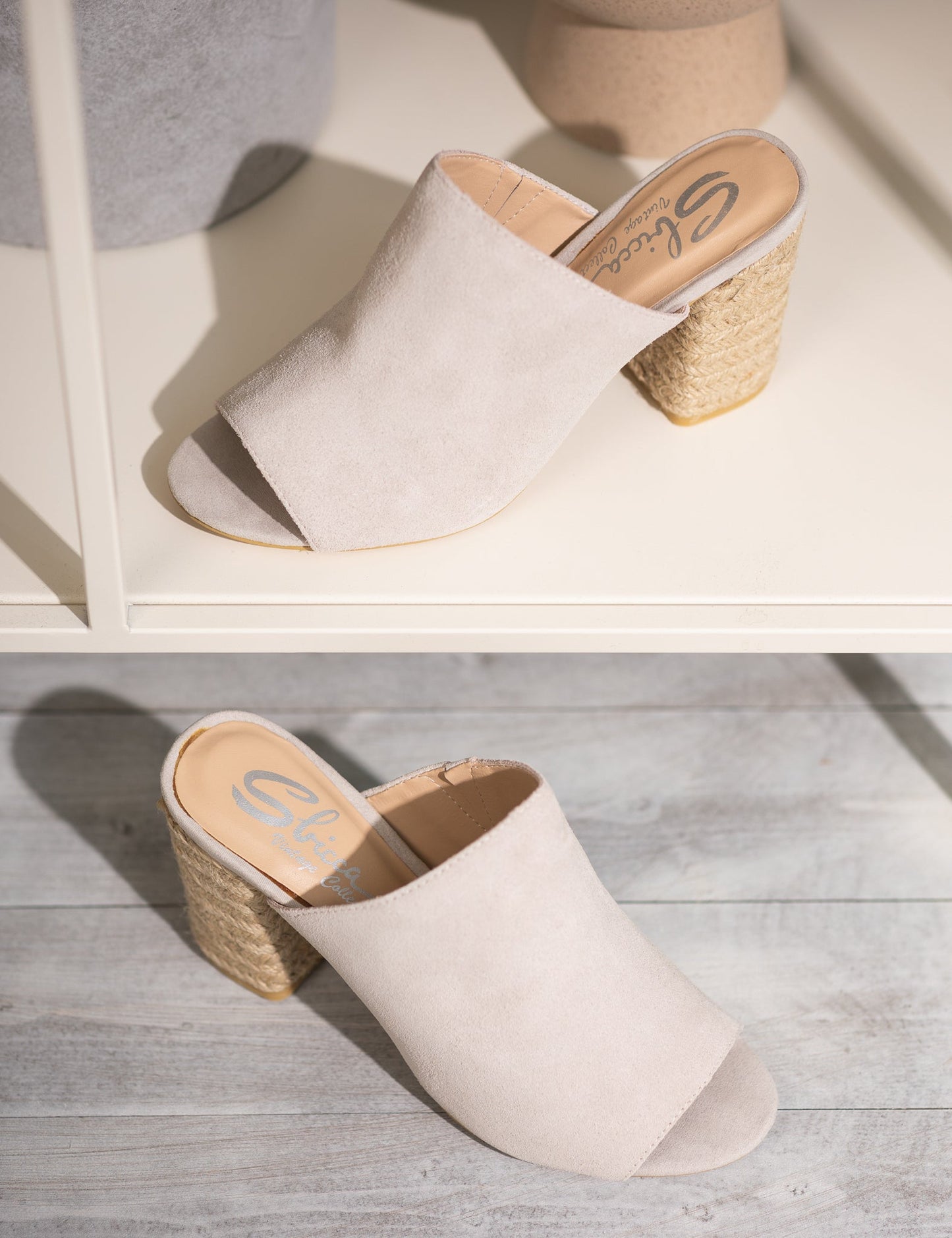 Helena Ice Suede Heeled Sandals - Light Gray, Raffia Heel