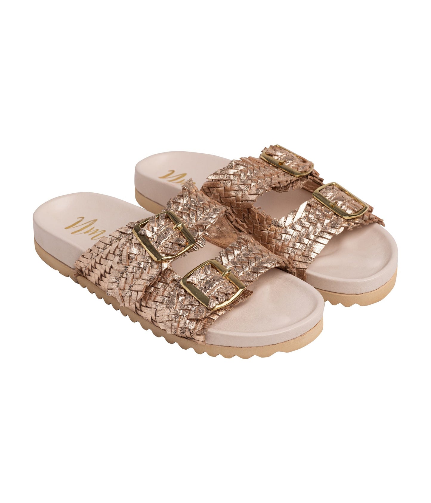 Dual strap champagne slides with woven detail and metallic sheen.