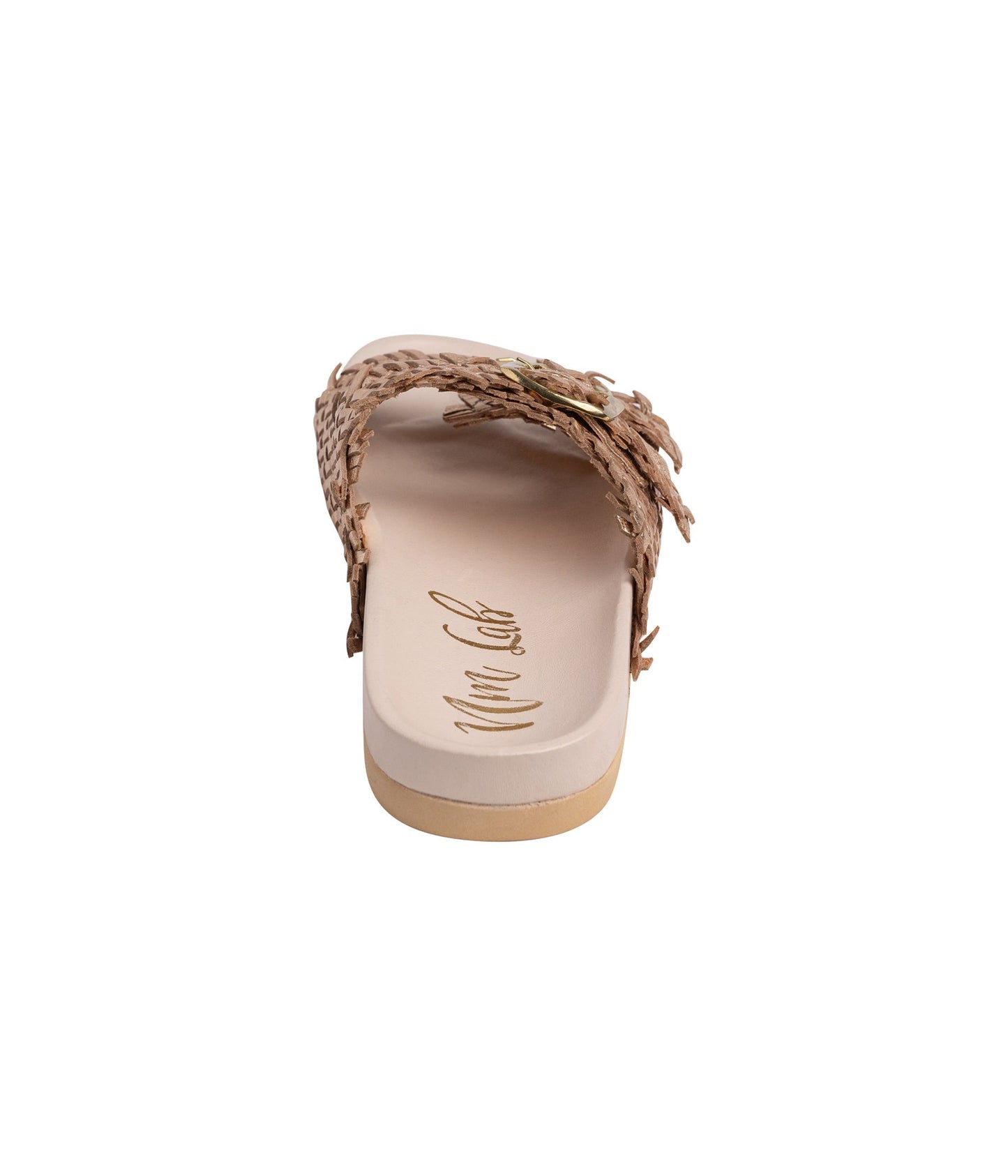Cushioned sole and heel detail of Karina champagne woven slides.