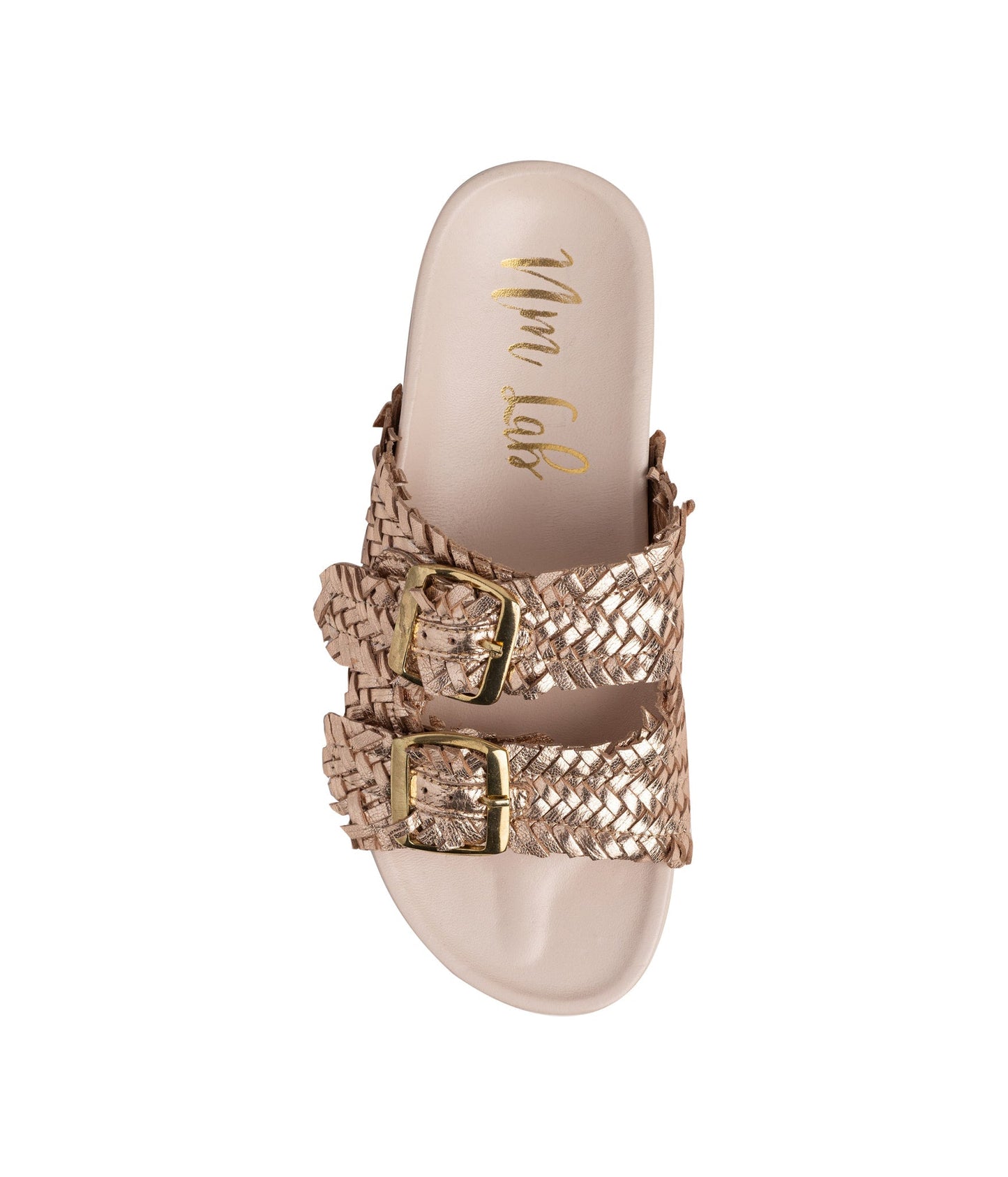Overhead view of champagne woven strap slides with cushioned insole.