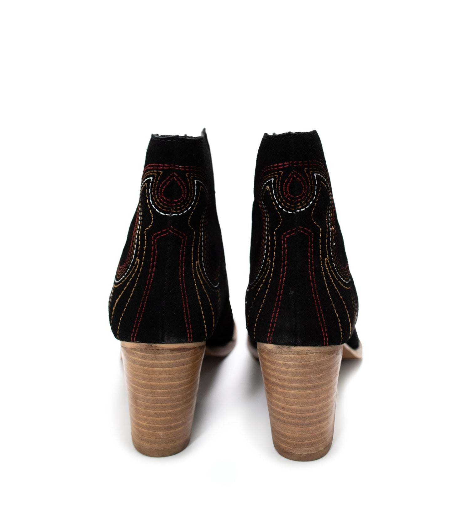 Journee Black Suede Ankle Boots with block heel and seam detailing from the back.