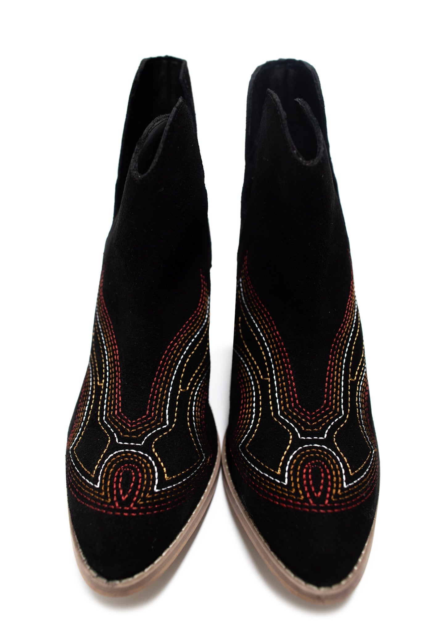 Journee Black Suede Ankle Boots showing western stitching, closed toe, and sleek silhouette.
