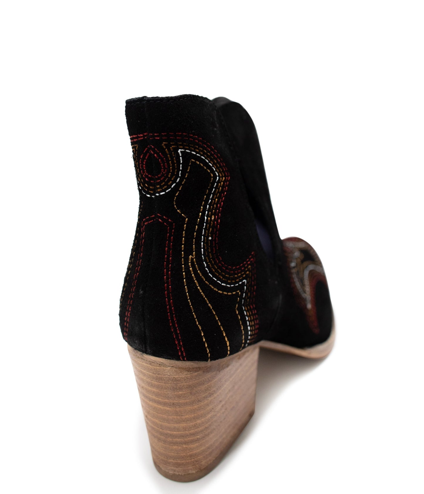 Close up of Journee Black Suede Ankle Boots back seam and sturdy block heel.