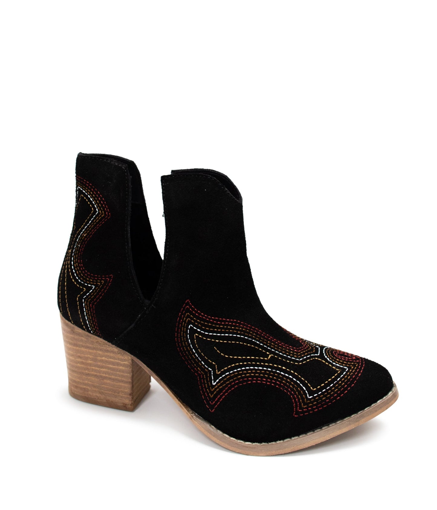 Journee Black Suede Ankle Boots highlighting suede finish, block heel, and ankle cutout design.