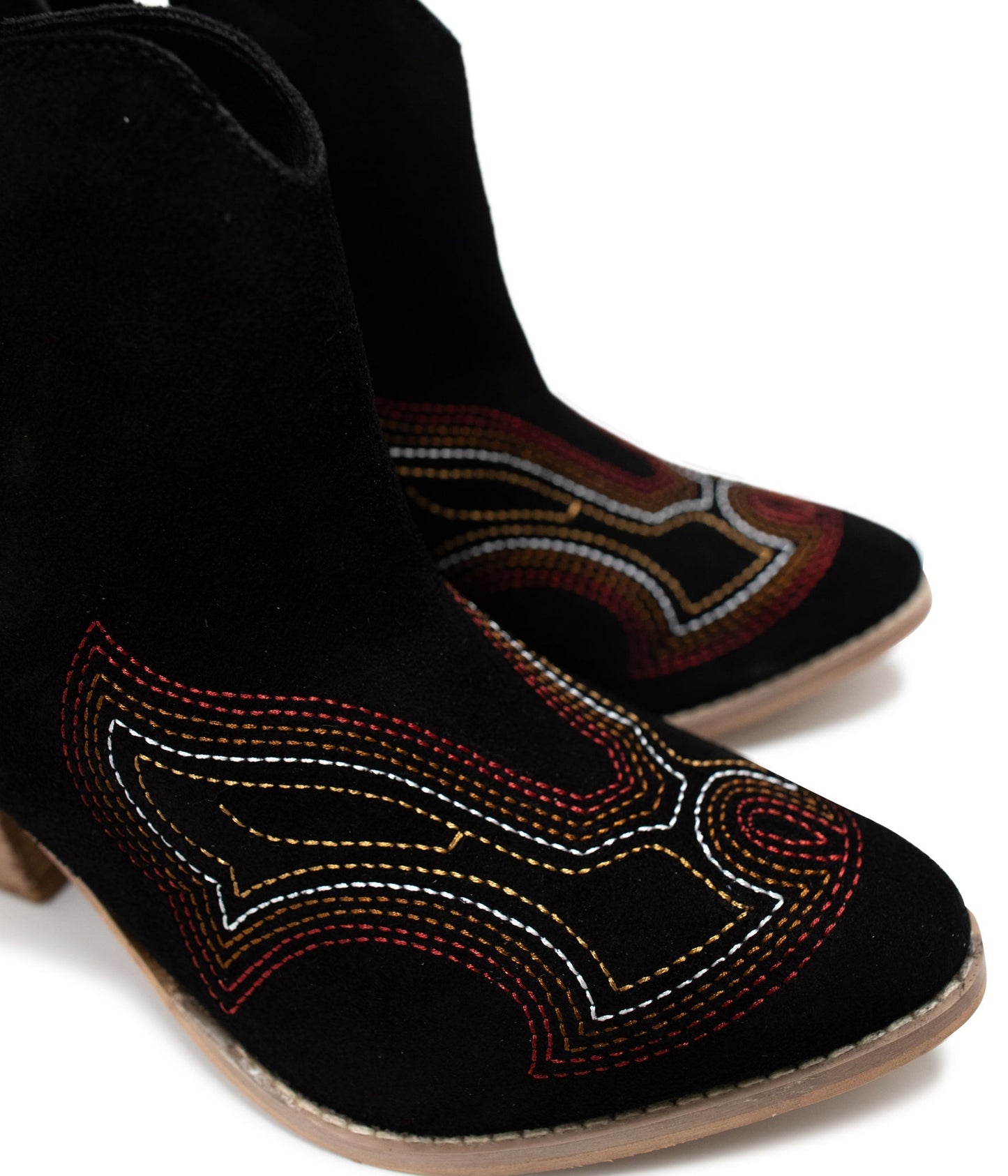Close up of Journee Black Suede Ankle Boots showing suede texture and western-inspired stitching.