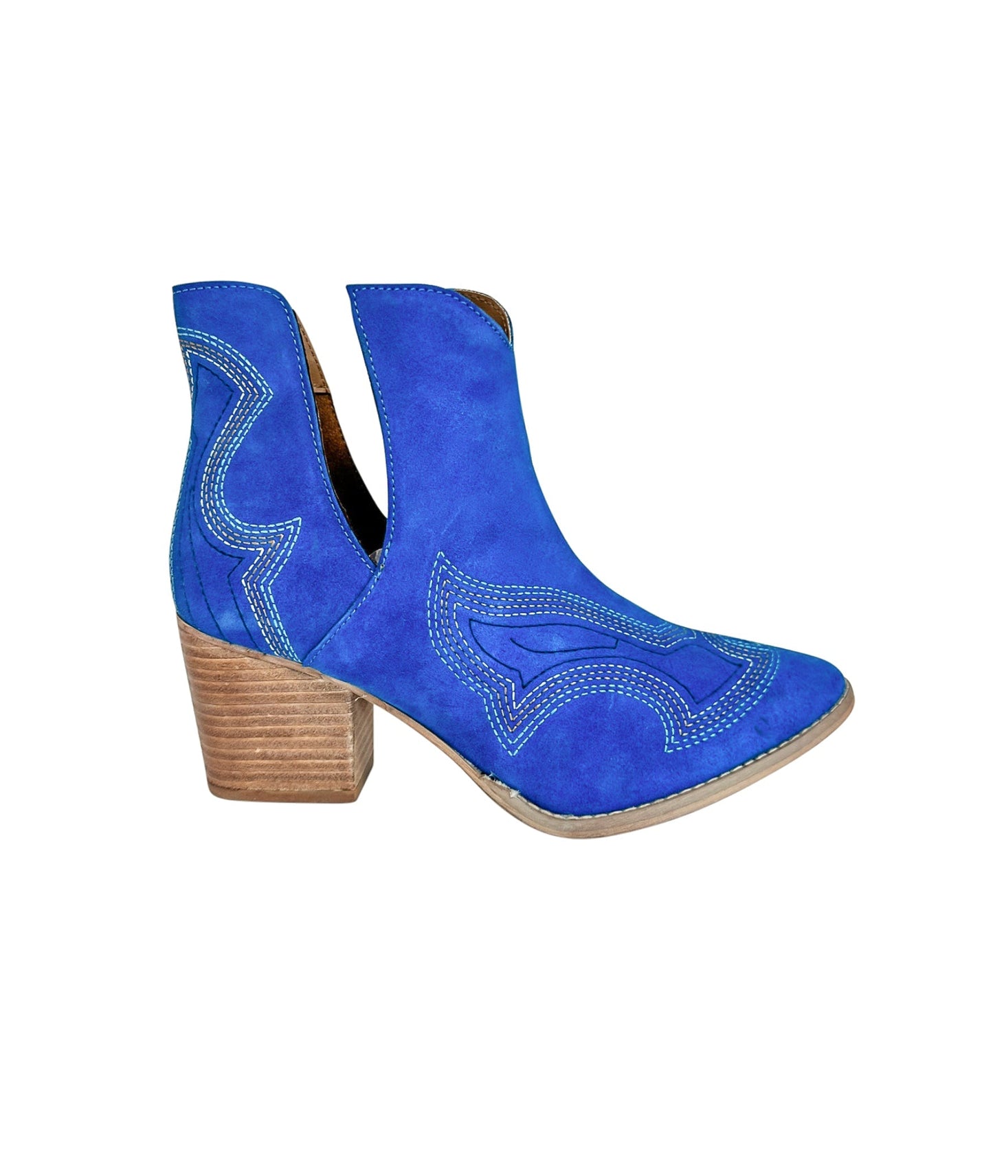 Journee Blue Suede Ankle Boots highlighting suede texture, ankle cutout, and block heel silhouette.
