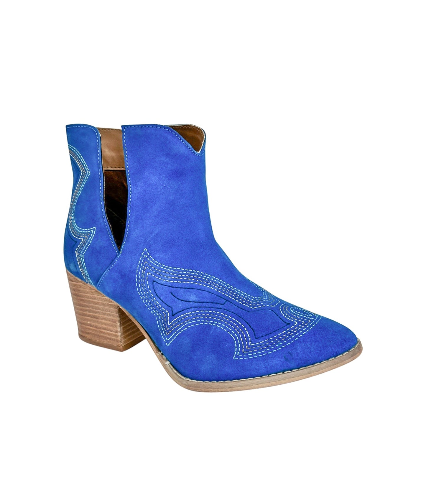 Journee Blue Suede Ankle Boots showing western stitching, ankle cutout, and sleek pointed profile.