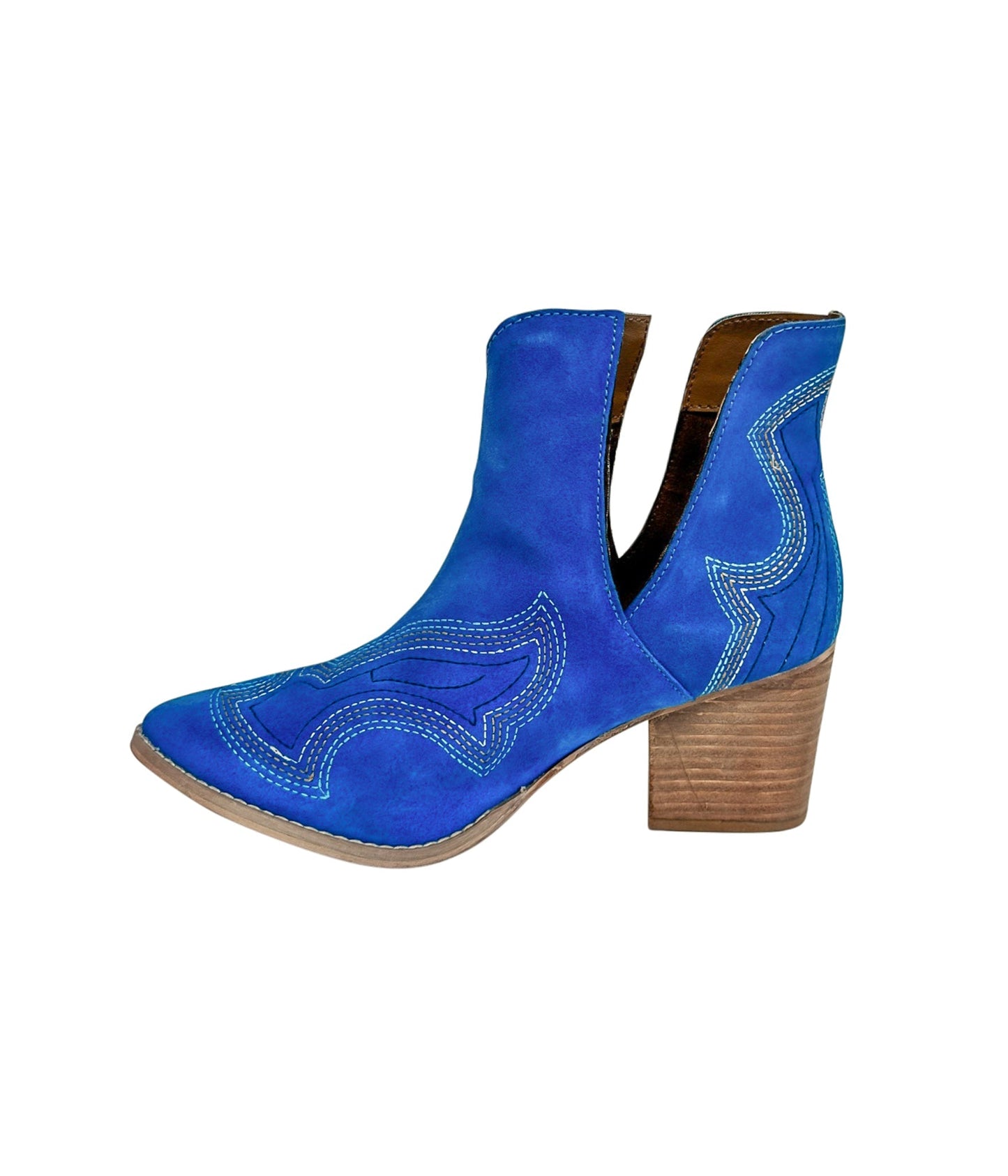 Journee Blue Suede Ankle Boots from side, featuring western-inspired stitching and stylish cutout detail.