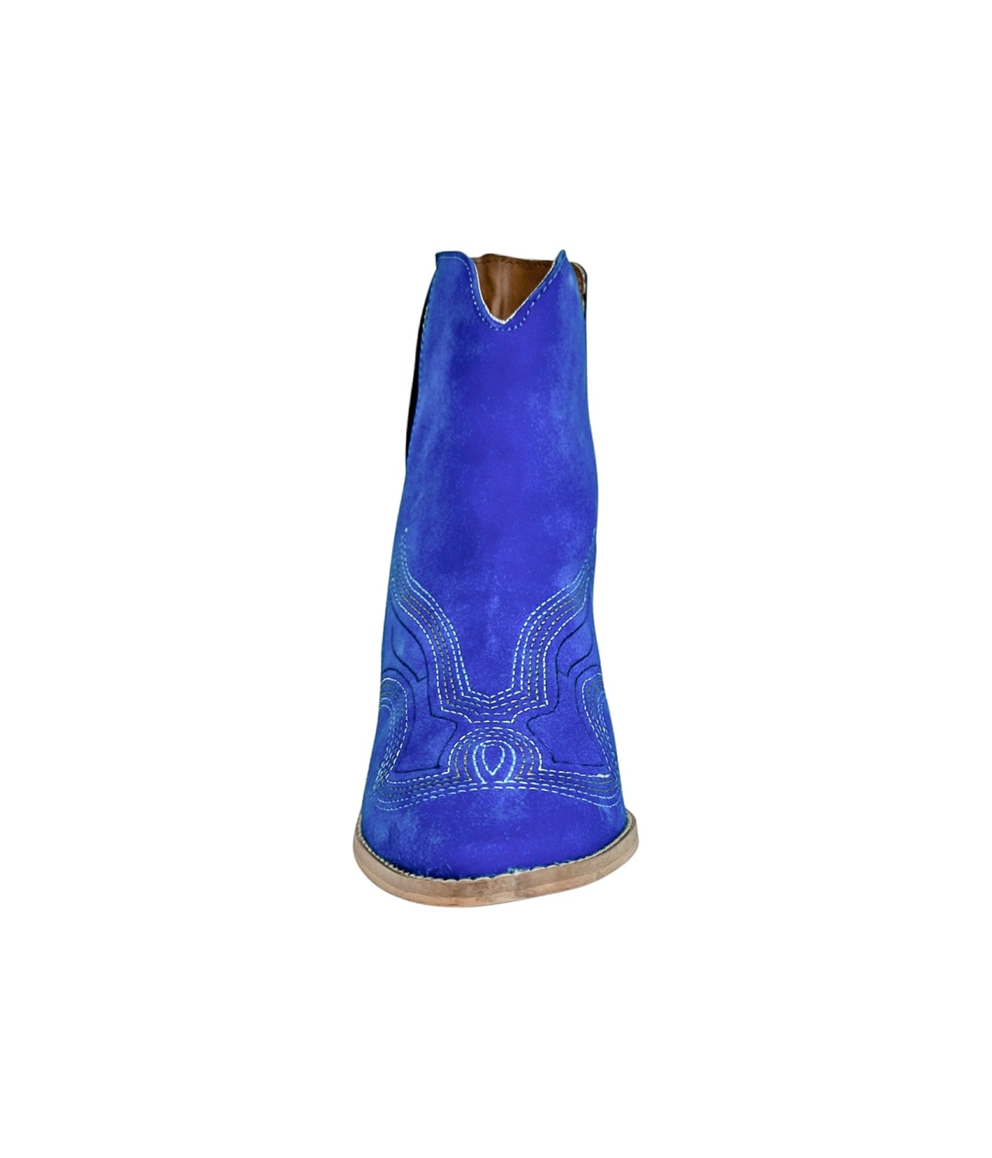 Journee Blue Suede Ankle Boots with closed toe and bold western stitch accents.
