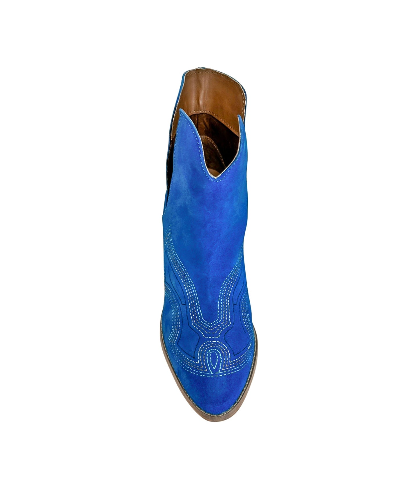 Journee Blue Suede Ankle Boots displaying cutout ankle design and suede finish from above.