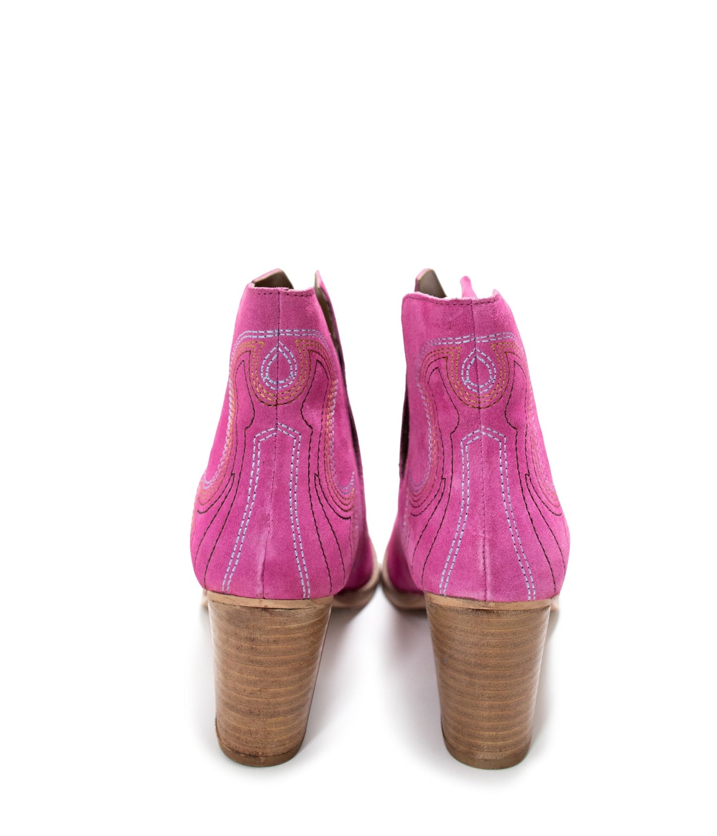Back view of Journee Magenta Suede Ankle Boots with 3-inch heel and smooth suede finish.