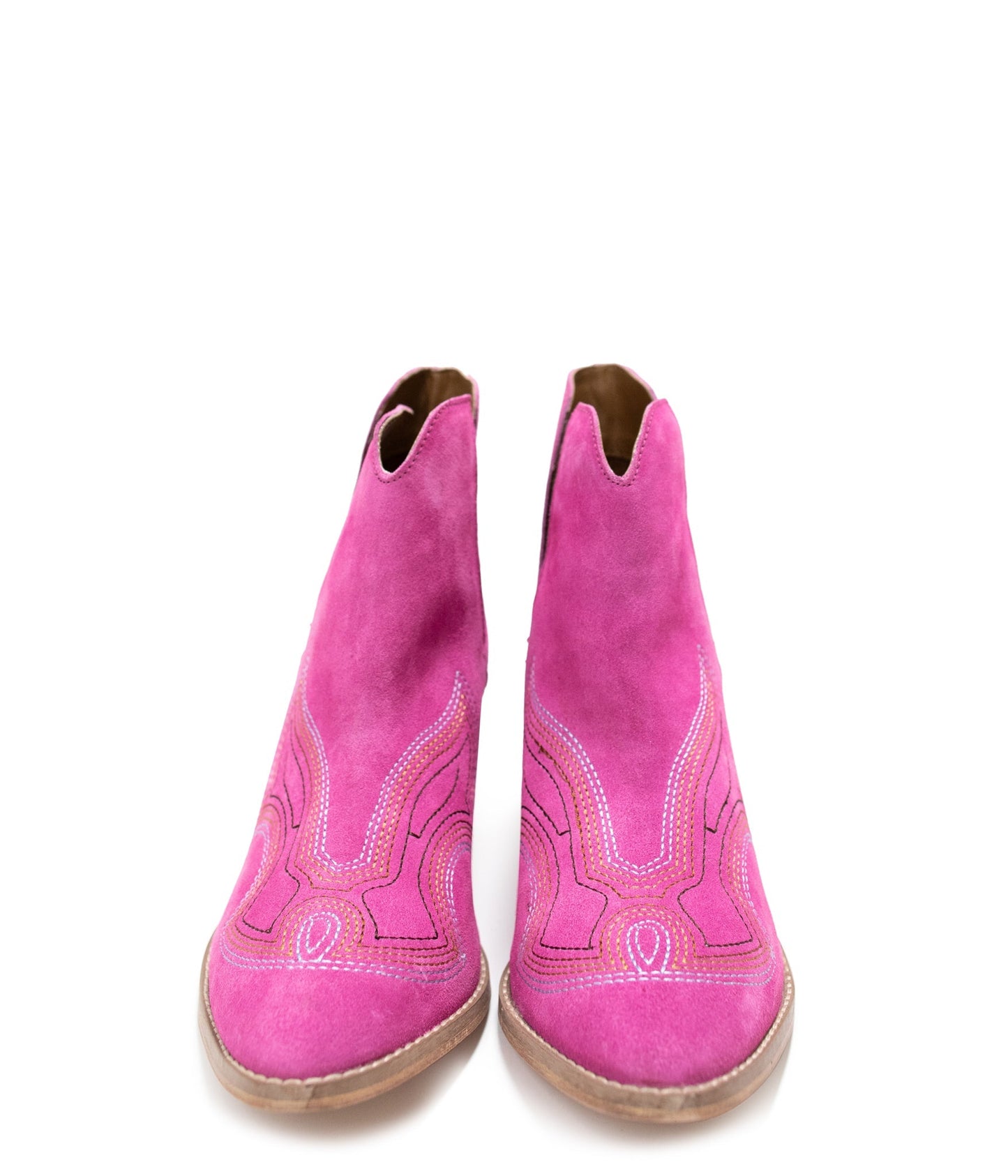 Journee Suede Ankle Boots in magenta featuring western stitching and sleek suede texture.