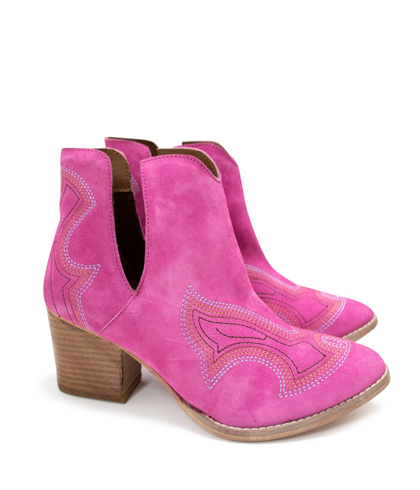 Journee Magenta Suede Ankle Boots with closed toe, cutout design, and 3-inch stacked heel.