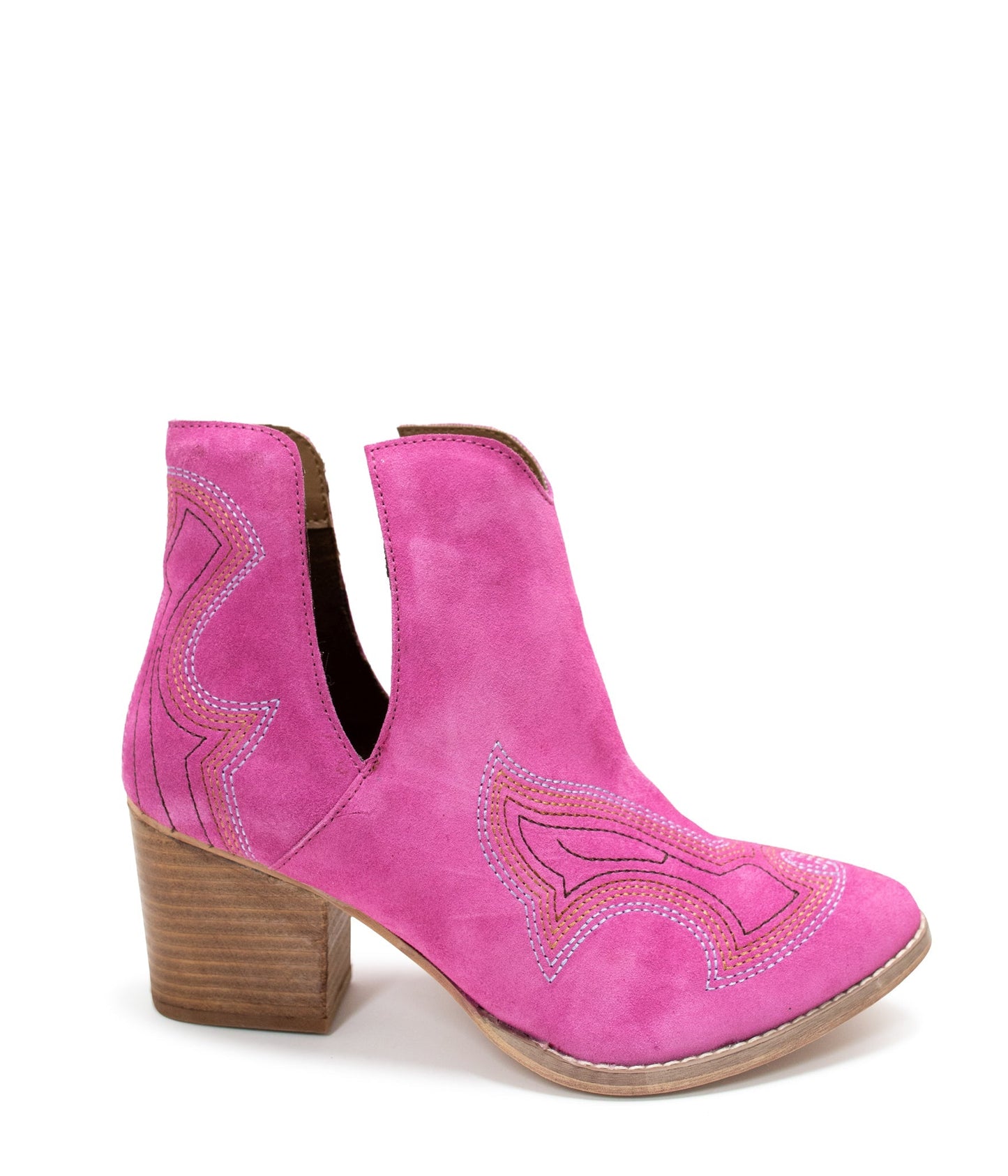 Side profile of Journee Suede Ankle Boots in magenta with western stitch detail and ankle cutout.