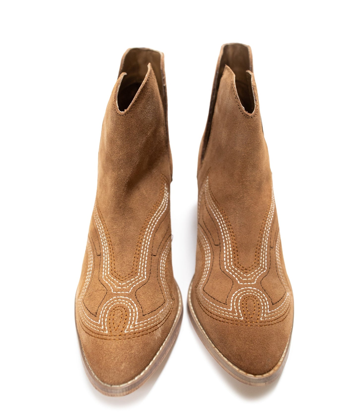 Journee Tan Suede Ankle Boots featuring closed toe, western-inspired stitching, and cutout design.