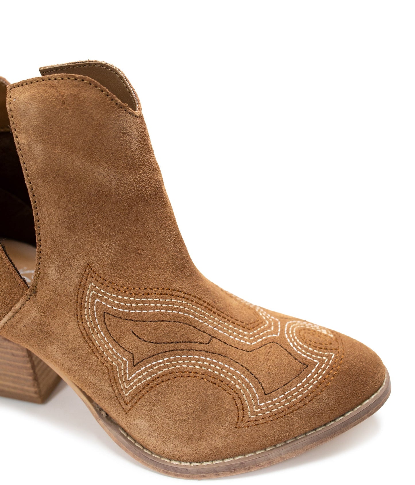 Close-up of Journee Suede Ankle Boots in tan highlighting stitching, cutout, and soft suede texture.