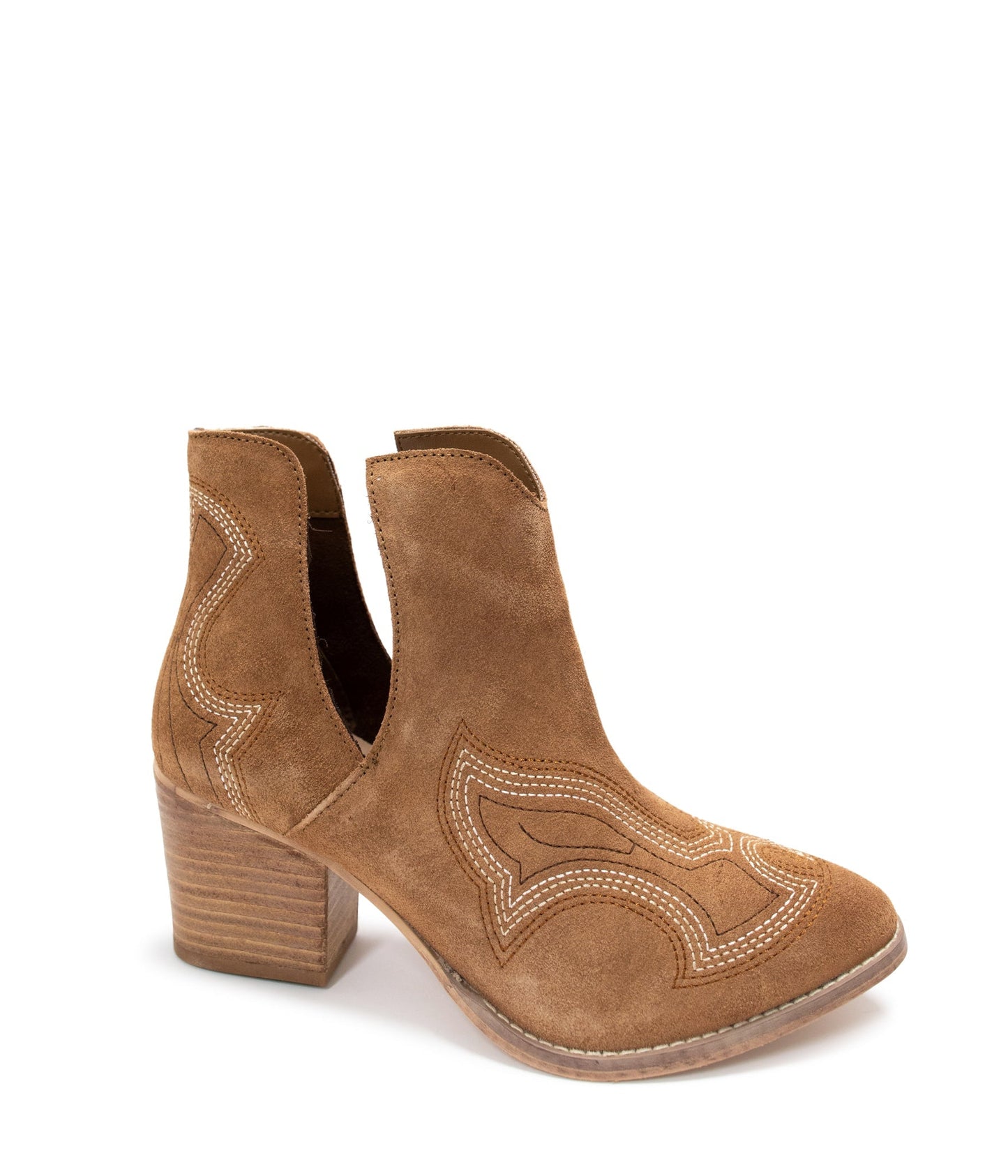 Side profile of Journee Tan Suede Ankle Boots with western stitch detail and ankle cutout.