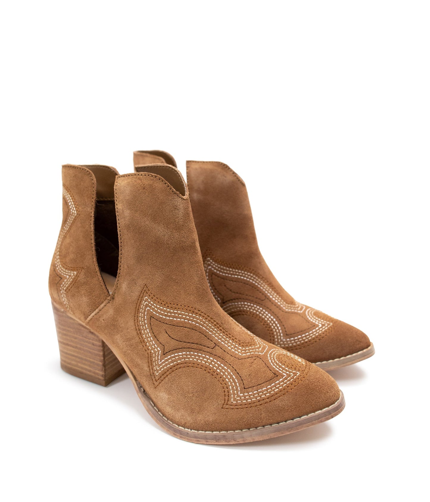 Journee Suede Ankle Boots tan with western stitching, 3-inch heel, and ankle cutout detail.